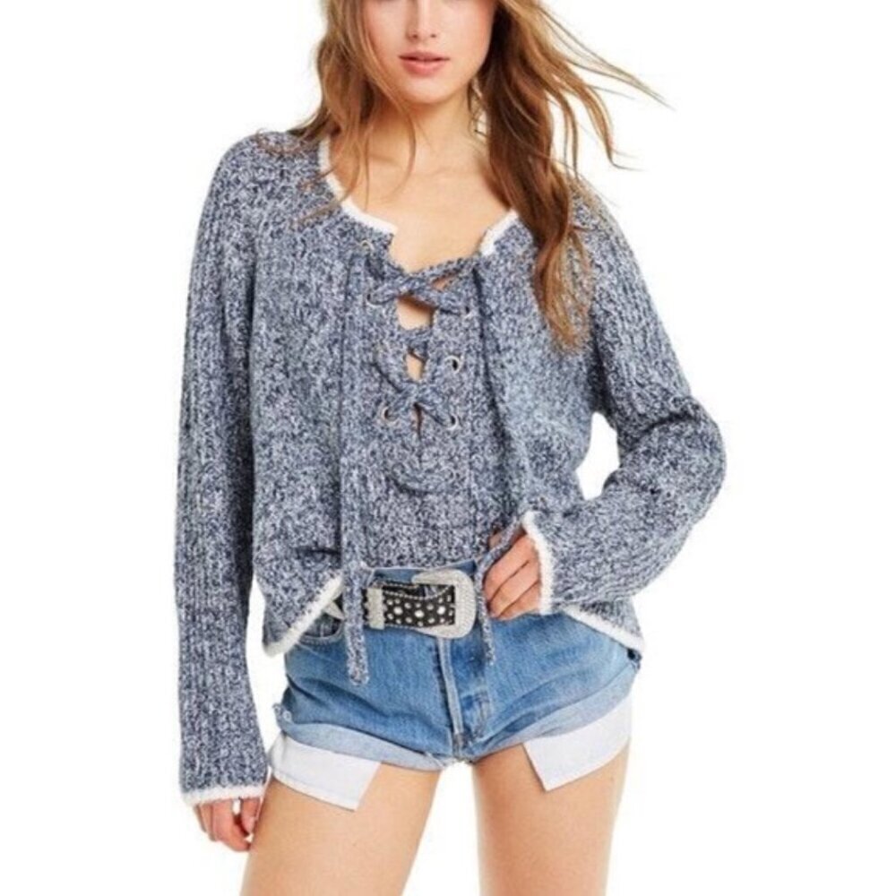 WILDFOX Oxford Queen Melange Long Sleeve Lace Up Neck Sweater Womens Small
